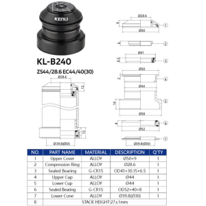 Рульовий набір KENLI KL-B240 1-1/8" конус 39.8, ZS 44/28.6 EC 44/40 напівінтегровваний, пром підшипник (100шт в ящику) доступно від 1 шт. Photo 3